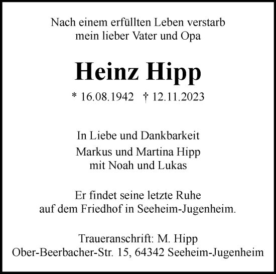 Traueranzeige von Heinz Hipp von Kreiszeitung Böblinger Bote