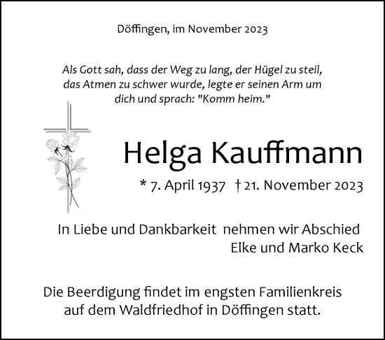 Traueranzeige von Helga Kauffmann von Kreiszeitung Böblinger Bote