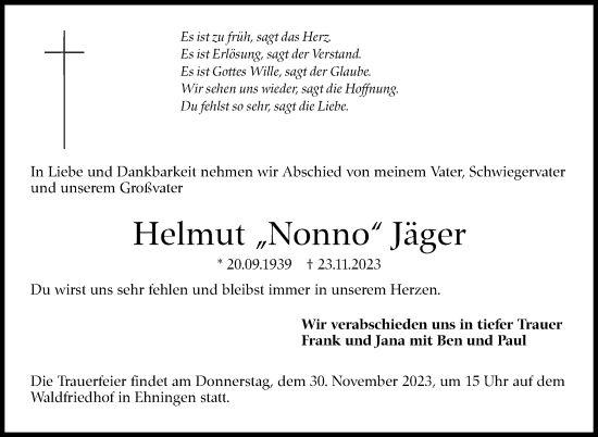 Traueranzeige von Helmut Jäger von Kreiszeitung Böblinger Bote
