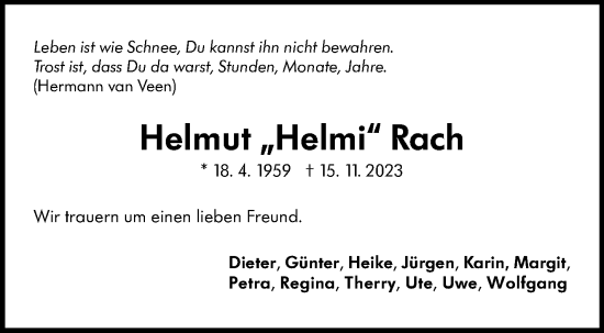 Traueranzeige von Helmut Rach von Kreiszeitung Böblinger Bote