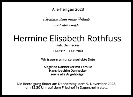 Traueranzeige von Hermine Elisabeth Rothfuss von Kreiszeitung Böblinger Bote