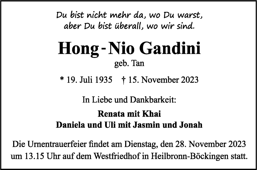  Traueranzeige für Hong-Nio  Gandini vom 25.11.2023 aus Kreiszeitung Böblinger Bote