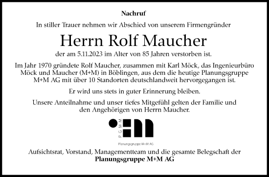 Traueranzeige von Rolf Maucher von Kreiszeitung Böblinger Bote