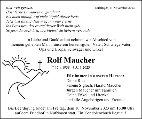 Traueranzeige von Rolf Maucher von Kreiszeitung Böblinger Bote