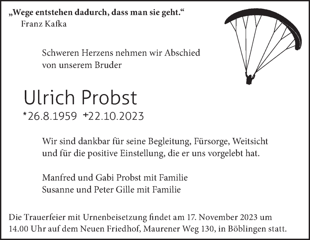  Traueranzeige für Ulrich Probst vom 02.11.2023 aus Kreiszeitung Böblinger Bote