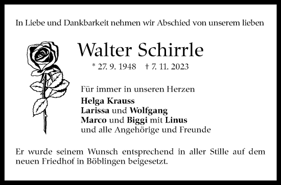 Traueranzeige von Walter Schirrle von Kreiszeitung Böblinger Bote