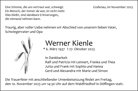 Traueranzeige von Werner Kienle von Kreiszeitung Böblinger Bote
