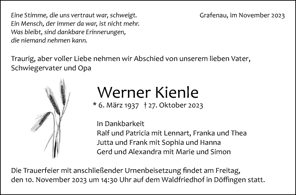  Traueranzeige für Werner Kienle vom 06.11.2023 aus Kreiszeitung Böblinger Bote