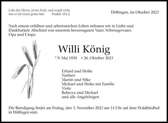 Traueranzeige von Willi König von Kreiszeitung Böblinger Bote