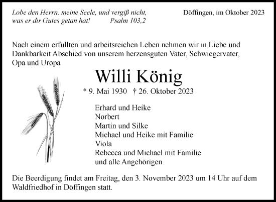 Traueranzeige von Willi König von Kreiszeitung Böblinger Bote