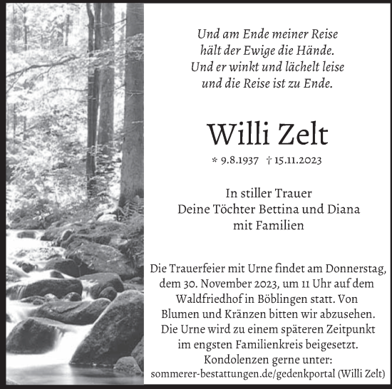 Traueranzeige von Willi Zelt von Kreiszeitung Böblinger Bote