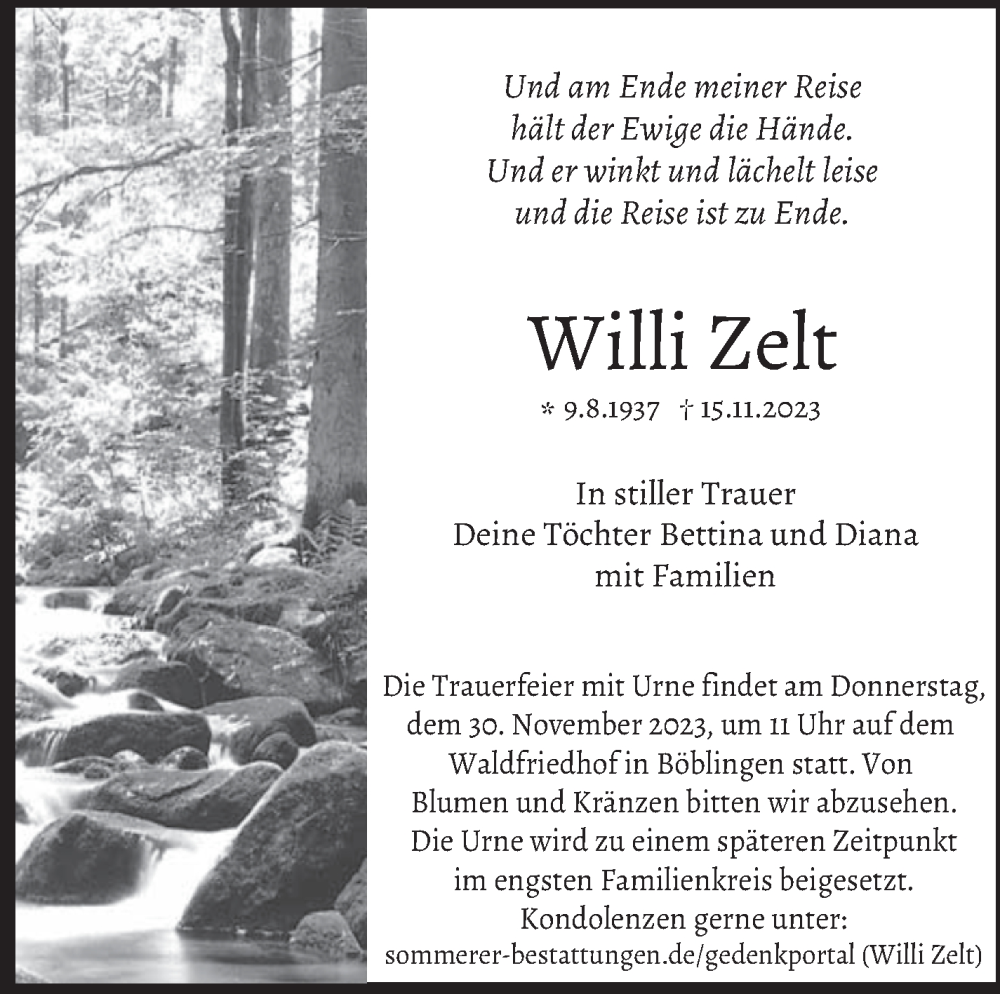  Traueranzeige für Willi Zelt vom 24.11.2023 aus Kreiszeitung Böblinger Bote