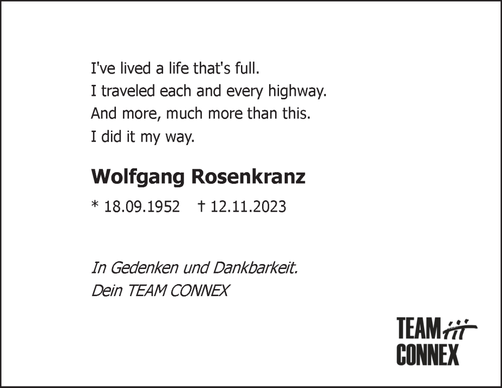  Traueranzeige für Wolfgang Rosenkranz vom 25.11.2023 aus Kreiszeitung Böblinger Bote
