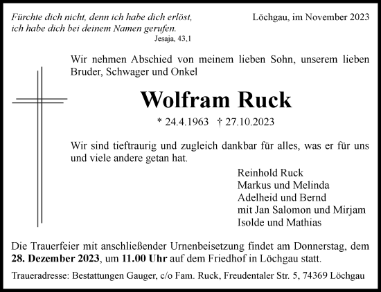 Traueranzeige von Wolfram Ruck von Kreiszeitung Böblinger Bote