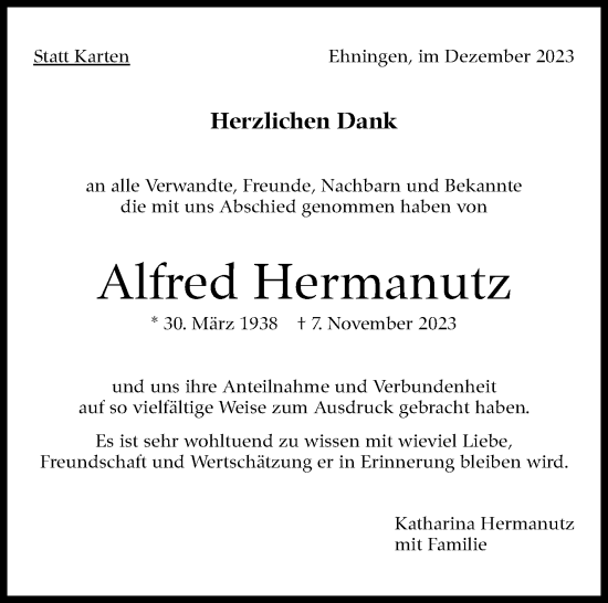 Traueranzeige von Alfred Hermanutz von Kreiszeitung Böblinger Bote