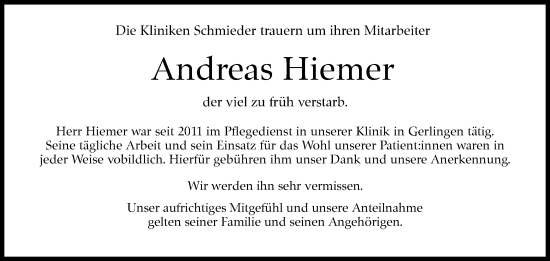 Traueranzeige von Andreas Hiemer von Kreiszeitung Böblinger Bote