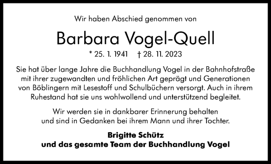 Traueranzeige von Barbara Vogel-Quell von Kreiszeitung Böblinger Bote