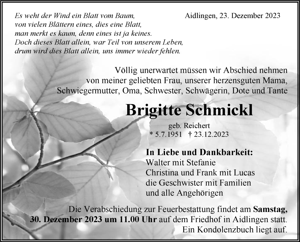  Traueranzeige für Brigitte Schmickl vom 29.12.2023 aus Kreiszeitung Böblinger Bote