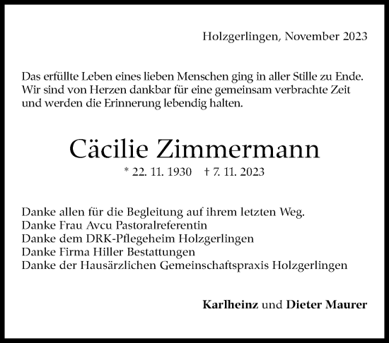 Traueranzeige von Cäcilie Zimmermann von Kreiszeitung Böblinger Bote