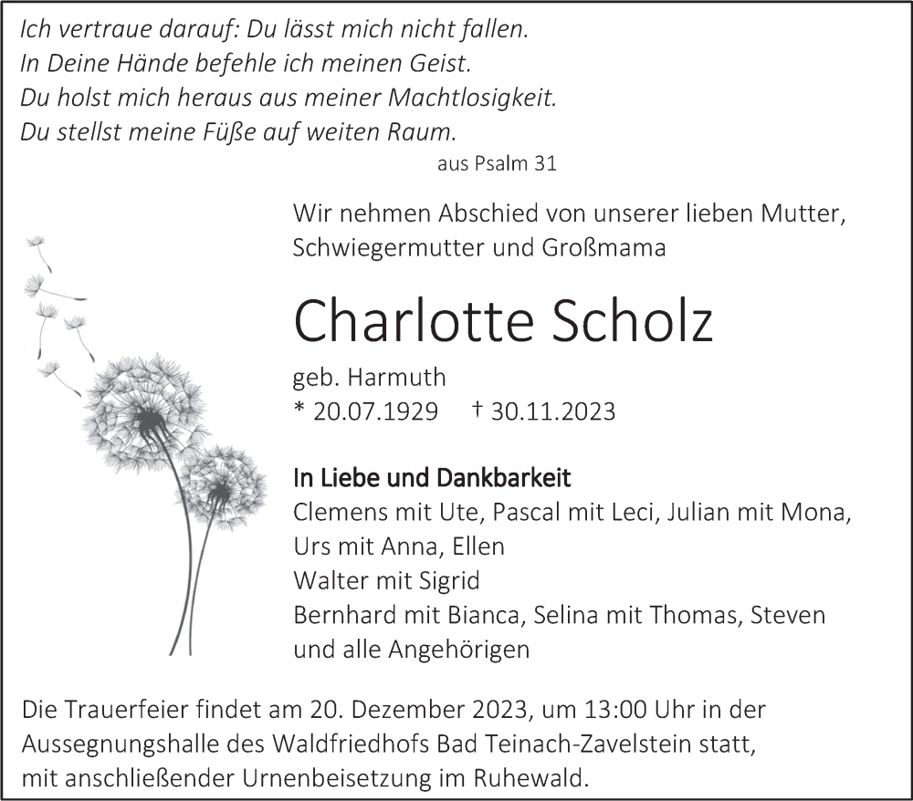  Traueranzeige für Charlotte Scholz vom 16.12.2023 aus Kreiszeitung Böblinger Bote