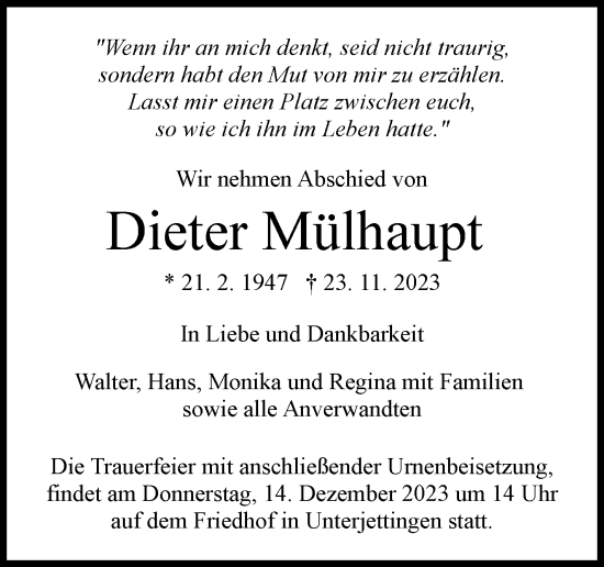 Traueranzeige von Dieter Mülhaupt von Kreiszeitung Böblinger Bote