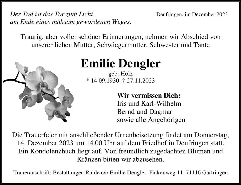  Traueranzeige für Emilie Dengler vom 02.12.2023 aus Kreiszeitung Böblinger Bote