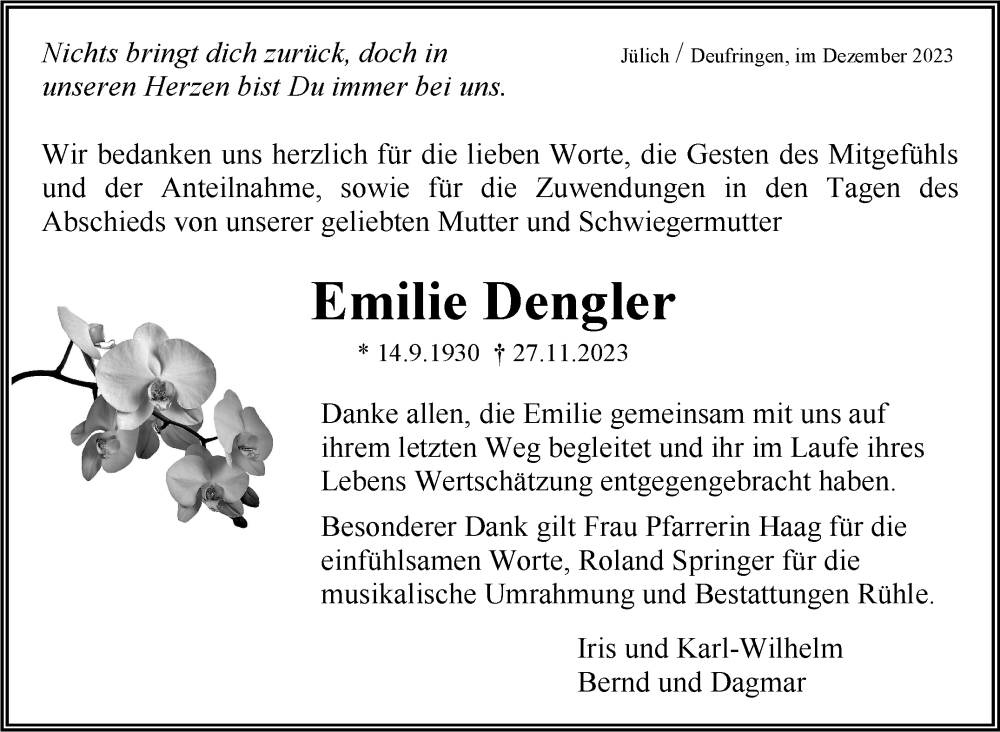  Traueranzeige für Emilie Dengler vom 30.12.2023 aus Kreiszeitung Böblinger Bote