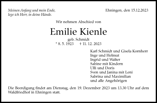 Traueranzeige von Emilie Kienle von Kreiszeitung Böblinger Bote