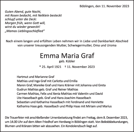 Traueranzeige von Emma Maria Graf  von Kreiszeitung Böblinger Bote