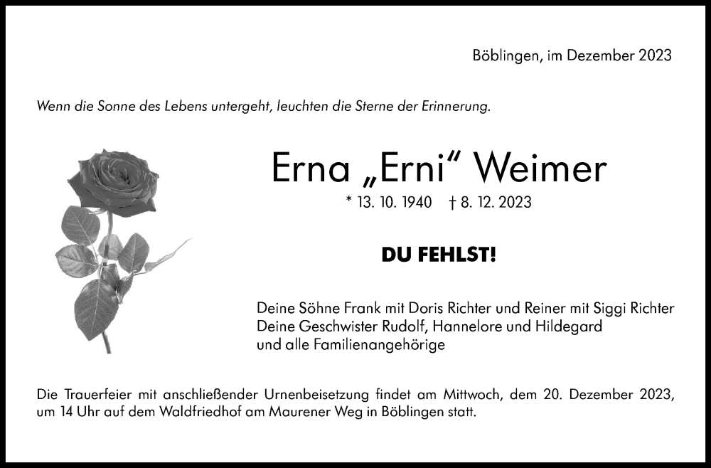  Traueranzeige für Erna  Weimer vom 16.12.2023 aus Kreiszeitung Böblinger Bote