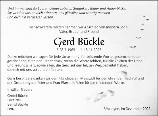 Traueranzeige von Gerd Bückle von Kreiszeitung Böblinger Bote