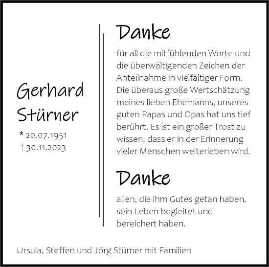 Traueranzeige von Gerhard Stürner von Kreiszeitung Böblinger Bote