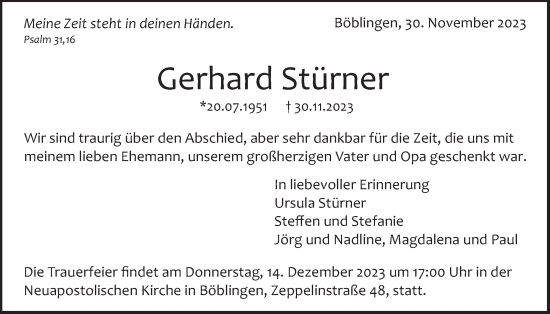 Traueranzeige von Gerhard Stürner von Kreiszeitung Böblinger Bote