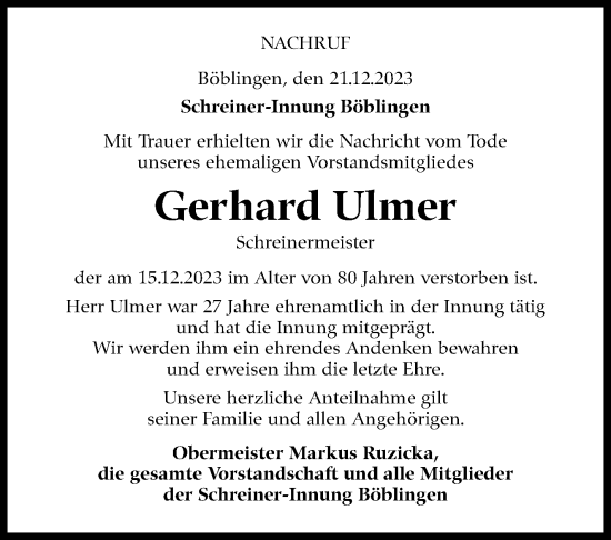 Traueranzeige von Gerhard Ulmer von Kreiszeitung Böblinger Bote
