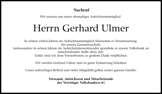 Traueranzeige von Gerhard Ulmer von Kreiszeitung Böblinger Bote