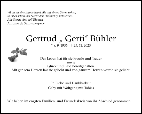 Traueranzeige von Gertrud Bühler von Kreiszeitung Böblinger Bote