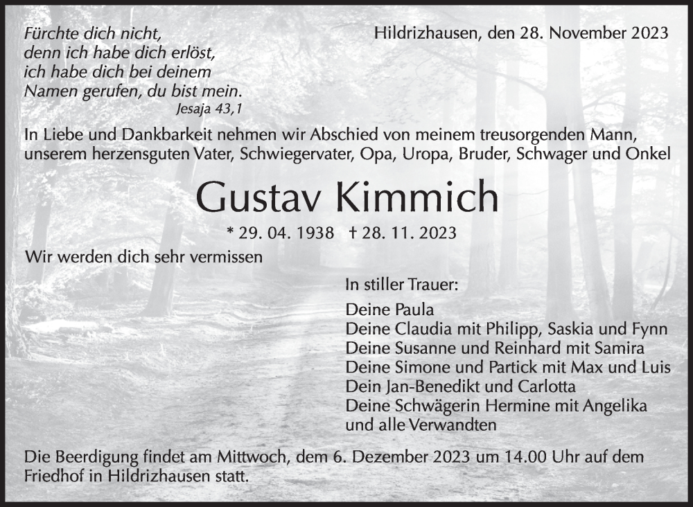  Traueranzeige für Gustav Kimmich vom 02.12.2023 aus Kreiszeitung Böblinger Bote