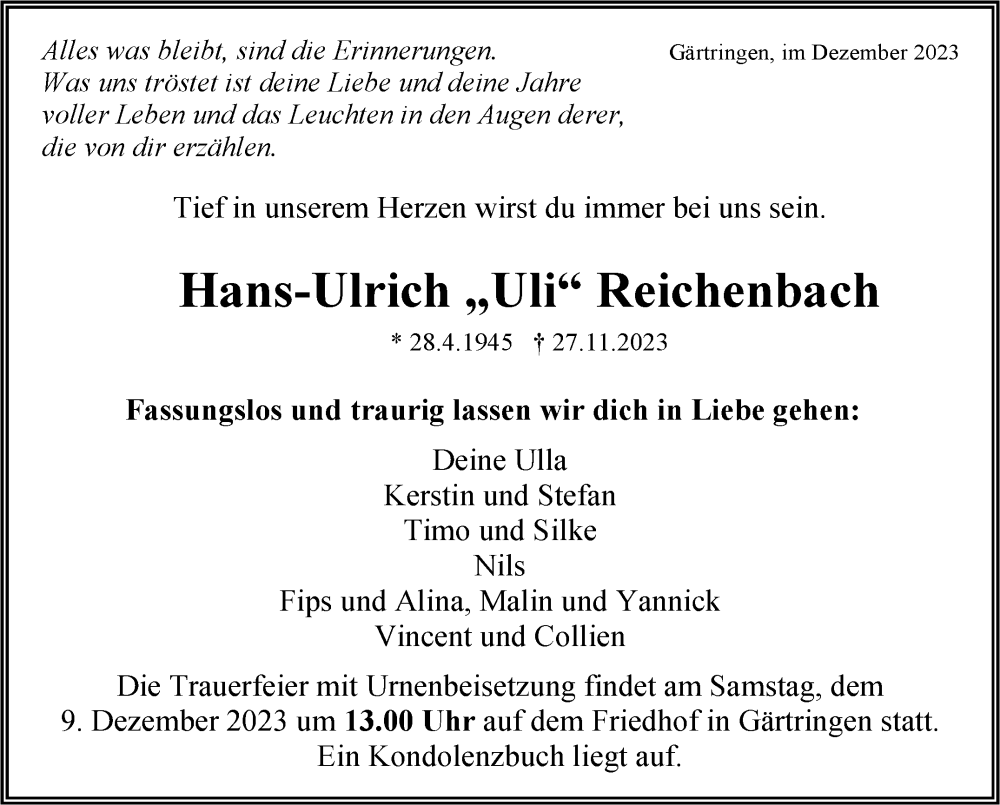  Traueranzeige für Hans-Ulrich Reichenbach vom 02.12.2023 aus Kreiszeitung Böblinger Bote