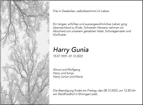 Traueranzeige von Harry Gunia von Kreiszeitung Böblinger Bote