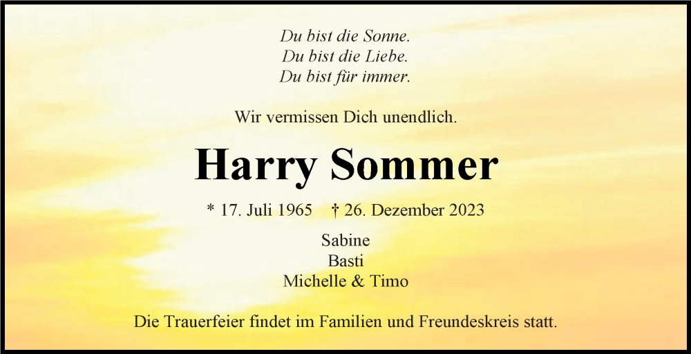  Traueranzeige für Harry Sommer vom 30.12.2023 aus Kreiszeitung Böblinger Bote