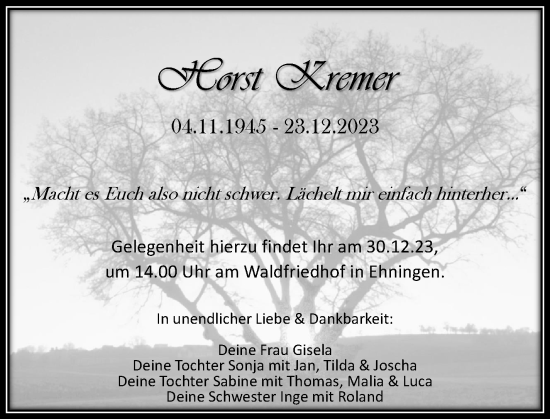Traueranzeige von Horst Kremer von Kreiszeitung Böblinger Bote