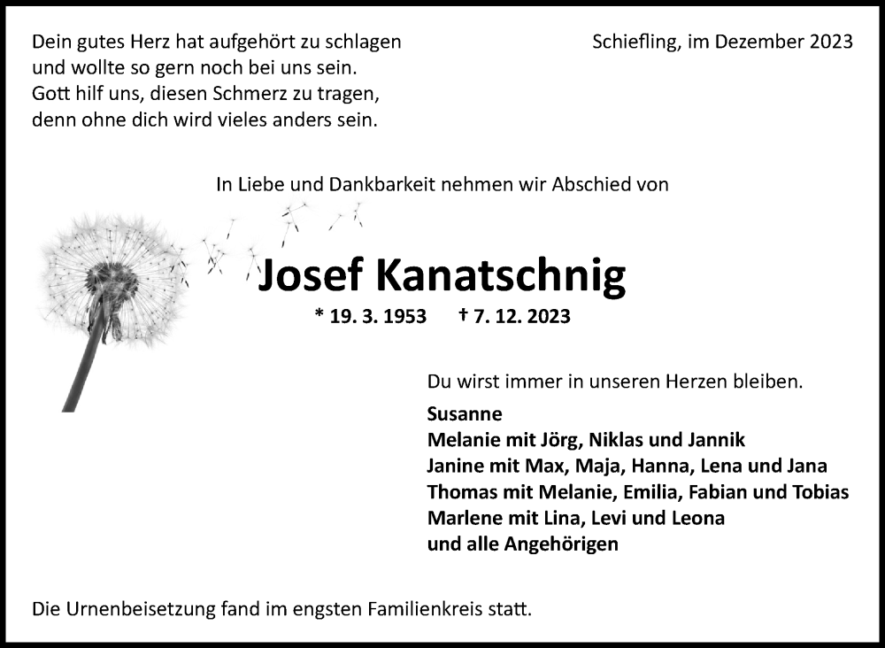  Traueranzeige für Josef Kanatschnig vom 30.12.2023 aus Kreiszeitung Böblinger Bote