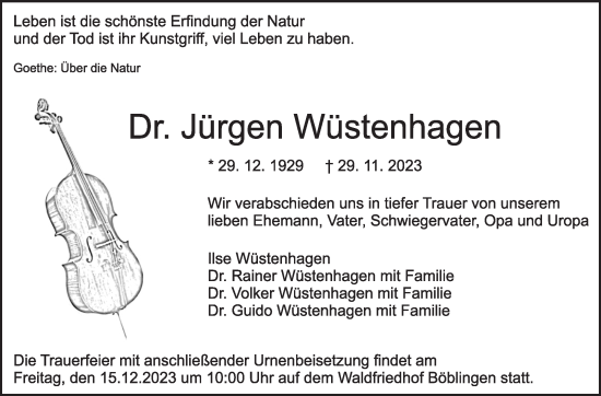 Traueranzeige von Jürgen Wüstenhagen von Kreiszeitung Böblinger Bote