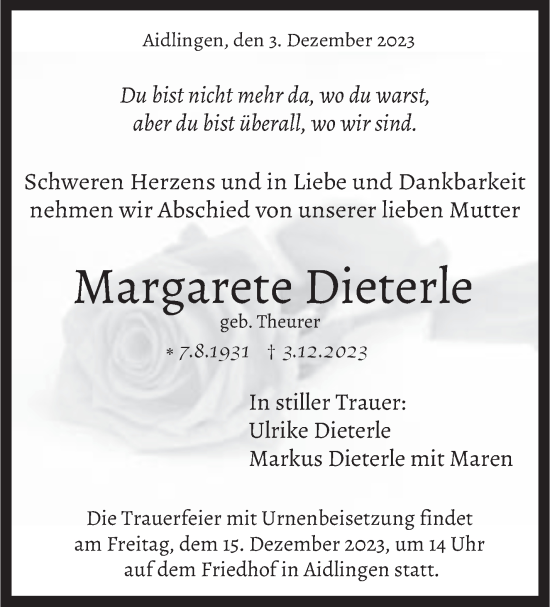 Traueranzeige von Margarete Dieterle von Kreiszeitung Böblinger Bote