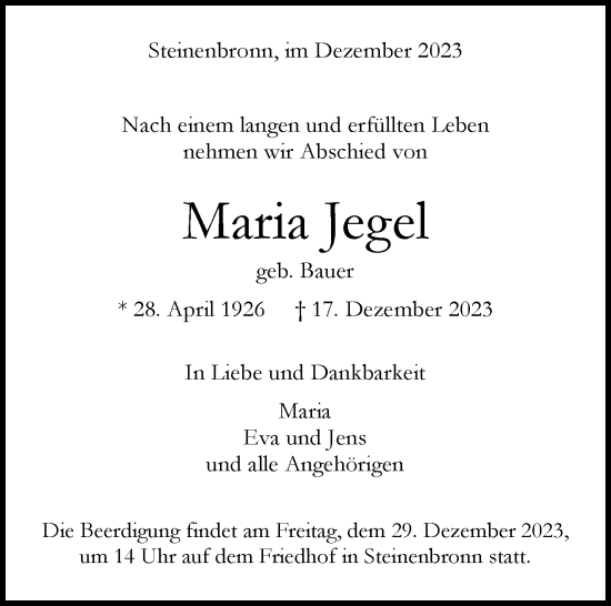 Traueranzeige von Maria Jegel von Kreiszeitung Böblinger Bote