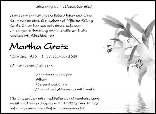 Traueranzeige von Martha Grotz von Kreiszeitung Böblinger Bote