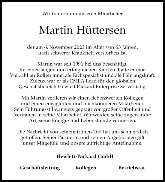 Traueranzeige von Martin Hüttersen von Kreiszeitung Böblinger Bote