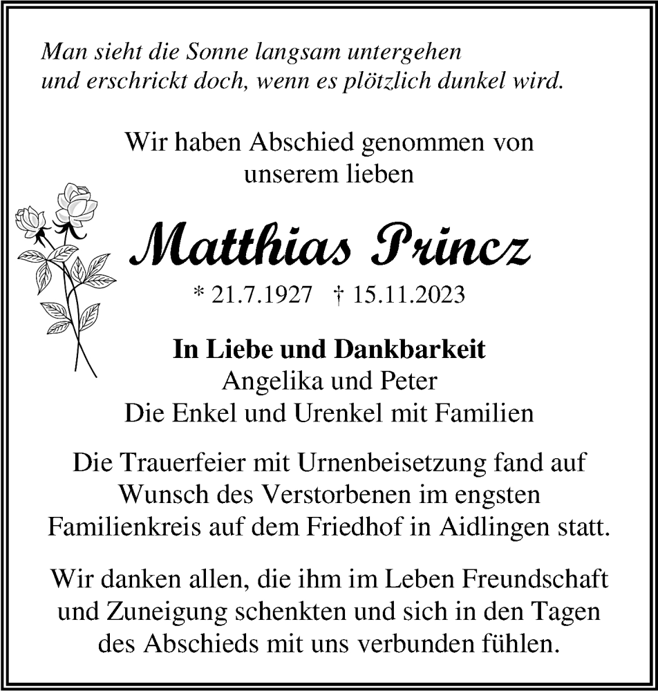  Traueranzeige für Matthias Princz vom 02.12.2023 aus Kreiszeitung Böblinger Bote