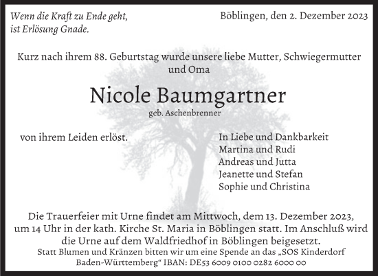 Traueranzeige von Nicole Baumgartner von Kreiszeitung Böblinger Bote