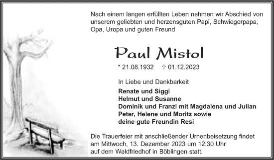 Traueranzeige von Paul Mistol von Kreiszeitung Böblinger Bote